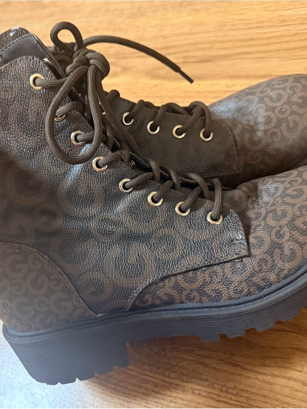 Women's Brown Patterned Lace-Up Combat Boots by Guess